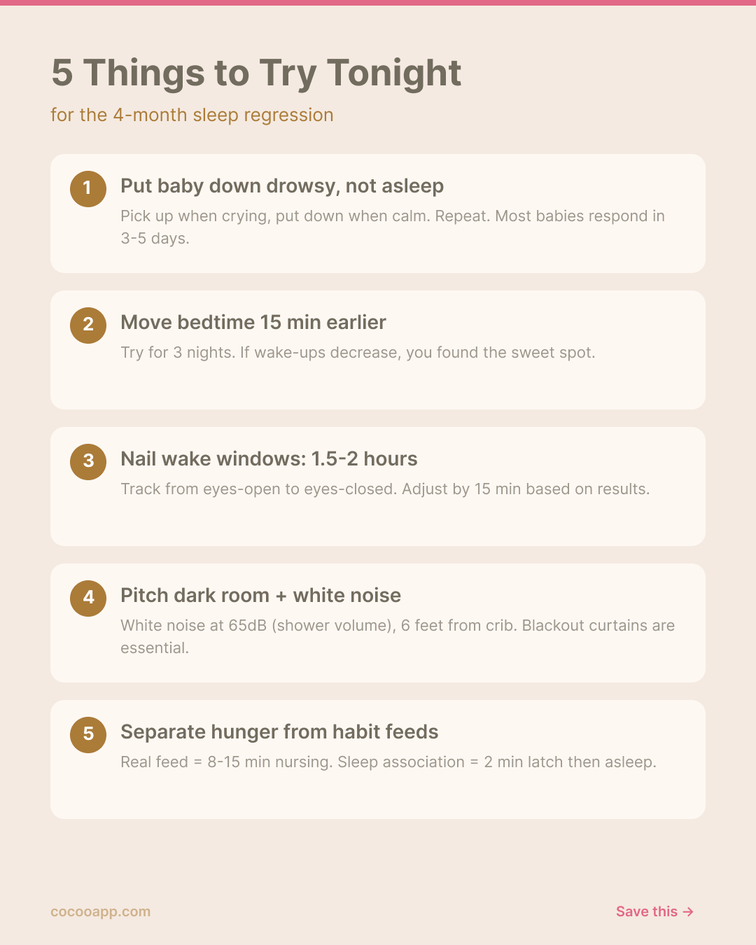5 things to try tonight for the 4-month sleep regression — visual checklist